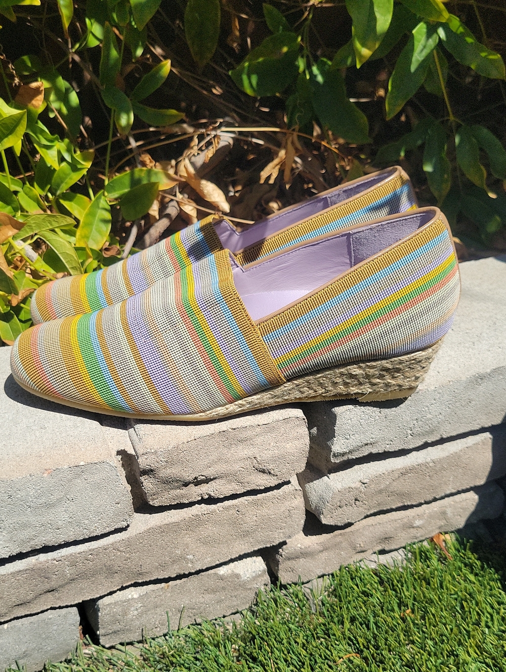 SAS "Becky" Stripe Espadrille Slip-On Wedge Loafer Yellow, Lavender Green 7.5N